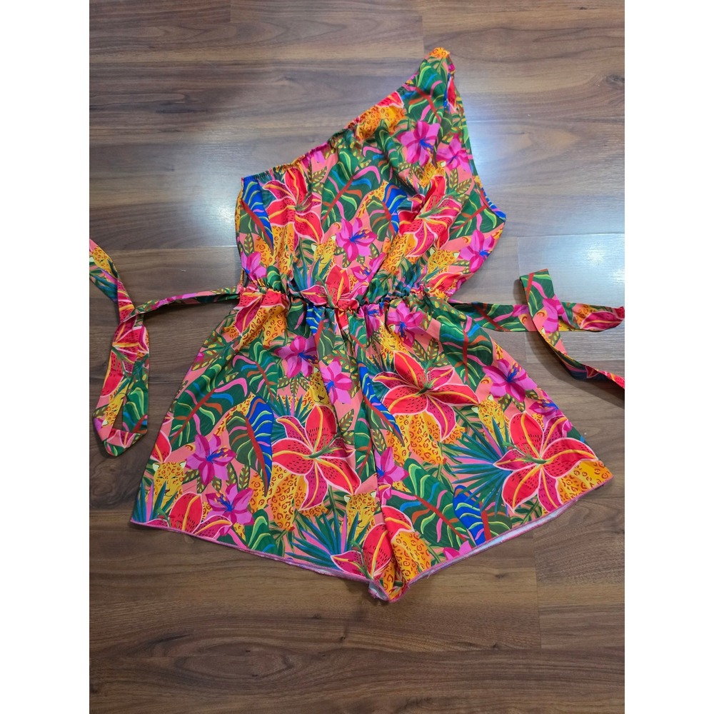 NWT SHEIN Romper Size M Multicolor Tropical Floral Leopard Knot One Shoulder